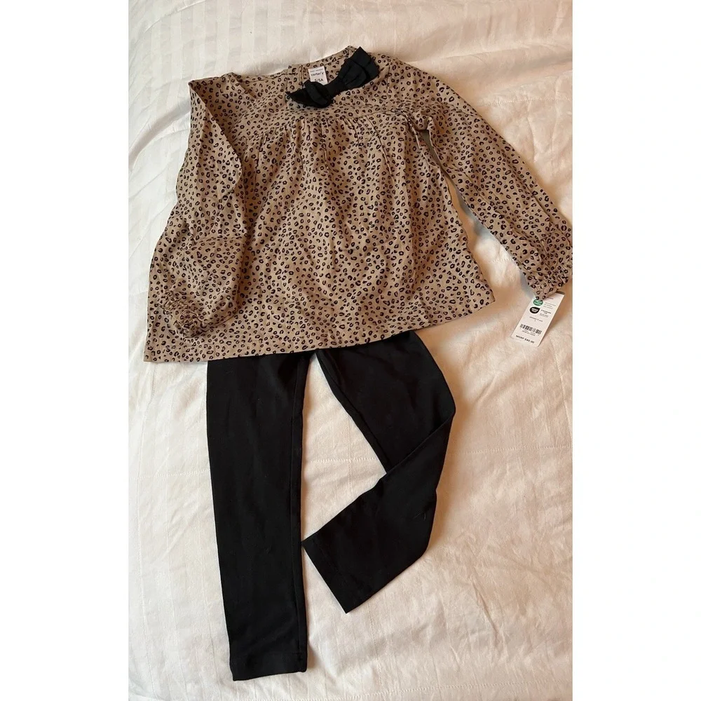 Carter's Girls' 2-Piece Top and Legging Set Animal Print Bow Black Sz 5 NWT